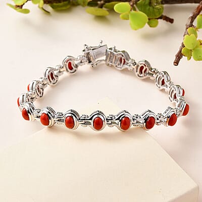 D'Joy Mediterranean Coral and White Zircon Link Bracelet in Platinum Over Sterling Silver (6.50 In) 9.60 ctw