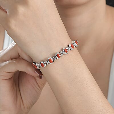 D'Joy Mediterranean Coral and White Zircon Link Bracelet in Platinum Over Sterling Silver (6.50 In) 9.60 ctw