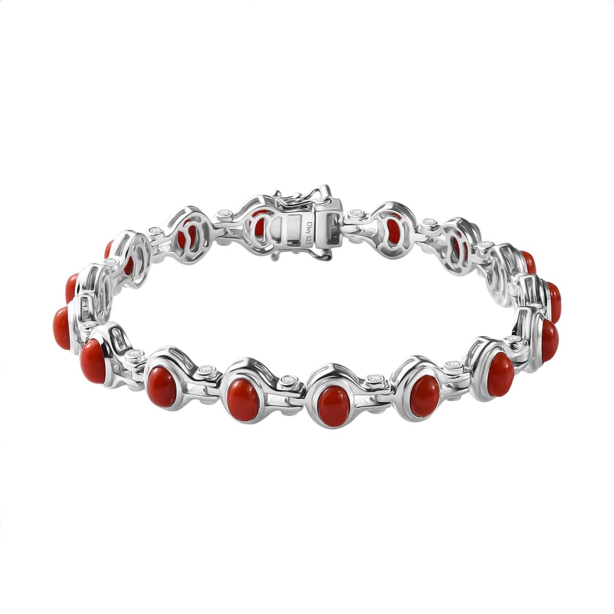 Mediterranean Coral and White Zircon Link Bracelet in Platinum Over Sterling Silver (7.25 In) 9.60 ctw image number 0