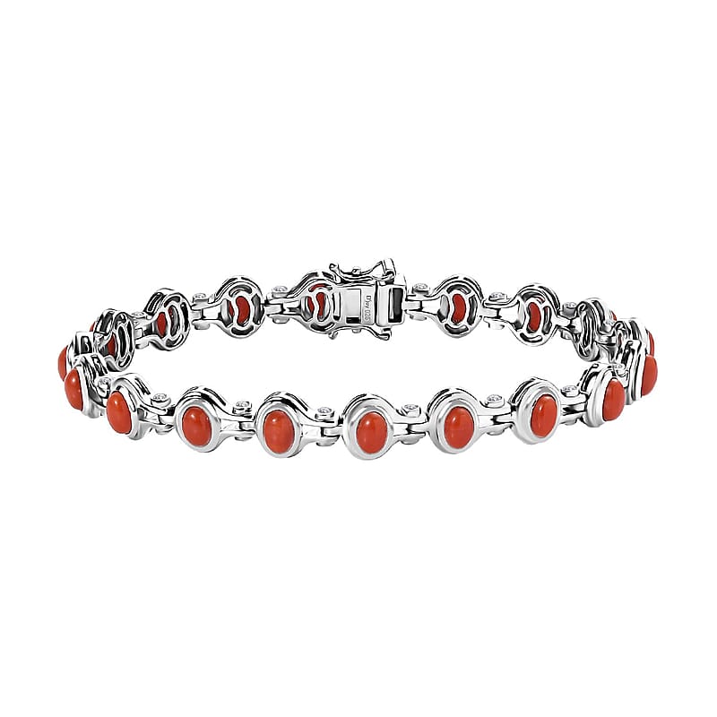 Mediterranean Coral and White Zircon Link Bracelet in Platinum Over Sterling Silver (8.00 In) 10.75 ctw