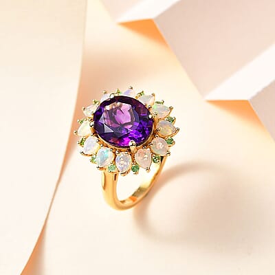 AAA Moroccan Amethyst and Multi Gemstone Floral Ring in 18K Vermeil Yellow Gold Over Sterling Silver (Size 10.0) 6.00 ctw