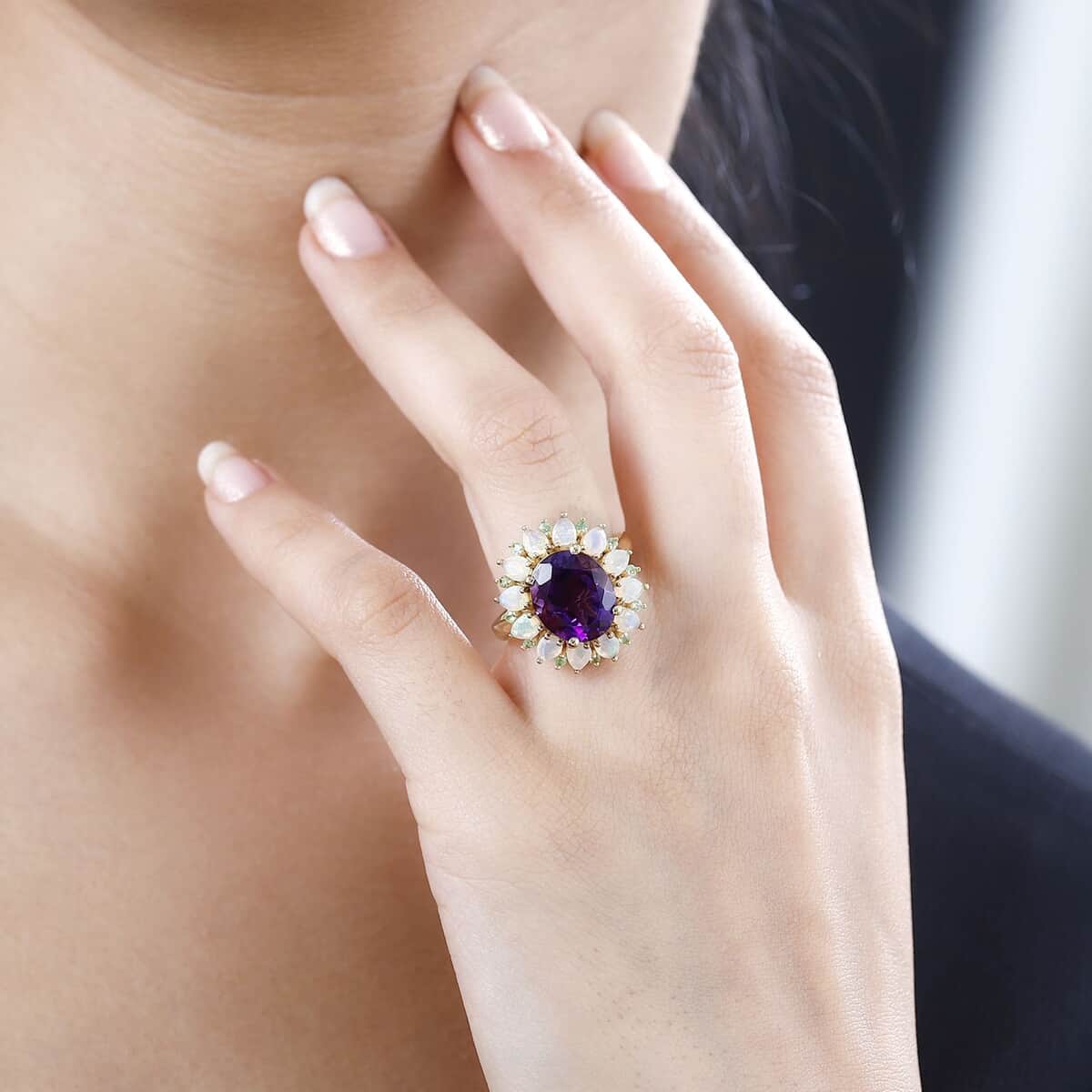 AAA Moroccan Amethyst and Multi Gemstone Floral Ring in 18K Vermeil Yellow Gold Over Sterling Silver (Size 10.0) 6.00 ctw image number 2