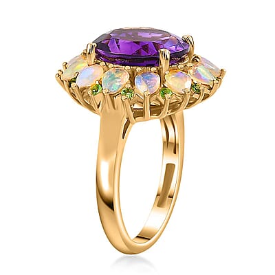 AAA Moroccan Amethyst and Multi Gemstone Floral Ring in 18K Vermeil Yellow Gold Over Sterling Silver (Size 10.0) 6.00 ctw