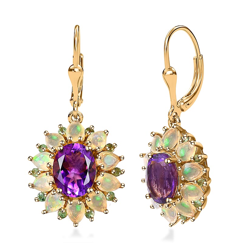 AAA Moroccan Amethyst and Multi Gemstone Floral Lever Back Earrings in 18K Vermeil Yellow Gold Over Sterling Silver 6.00 ctw