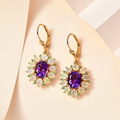 AAA Moroccan Amethyst and Multi Gemstone Floral Lever Back Earrings in 18K Vermeil Yellow Gold Over Sterling Silver 6.00 ctw
