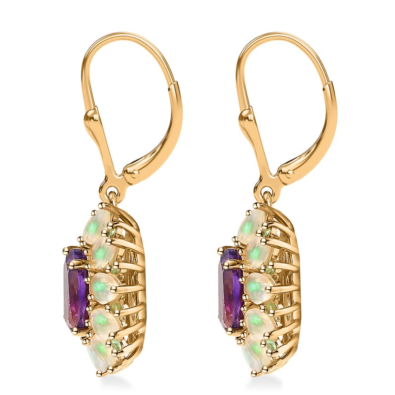 AAA Moroccan Amethyst and Multi Gemstone Floral Lever Back Earrings in 18K Vermeil Yellow Gold Over Sterling Silver 6.00 ctw