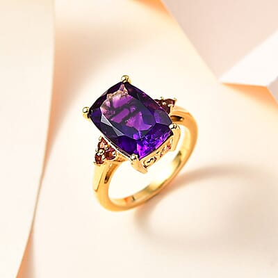 AAA Moroccan Amethyst and Ofiki Rubellite Ring in 18K Vermeil Yellow Gold Over Sterling Silver (Size 10.0) 6.75 ctw
