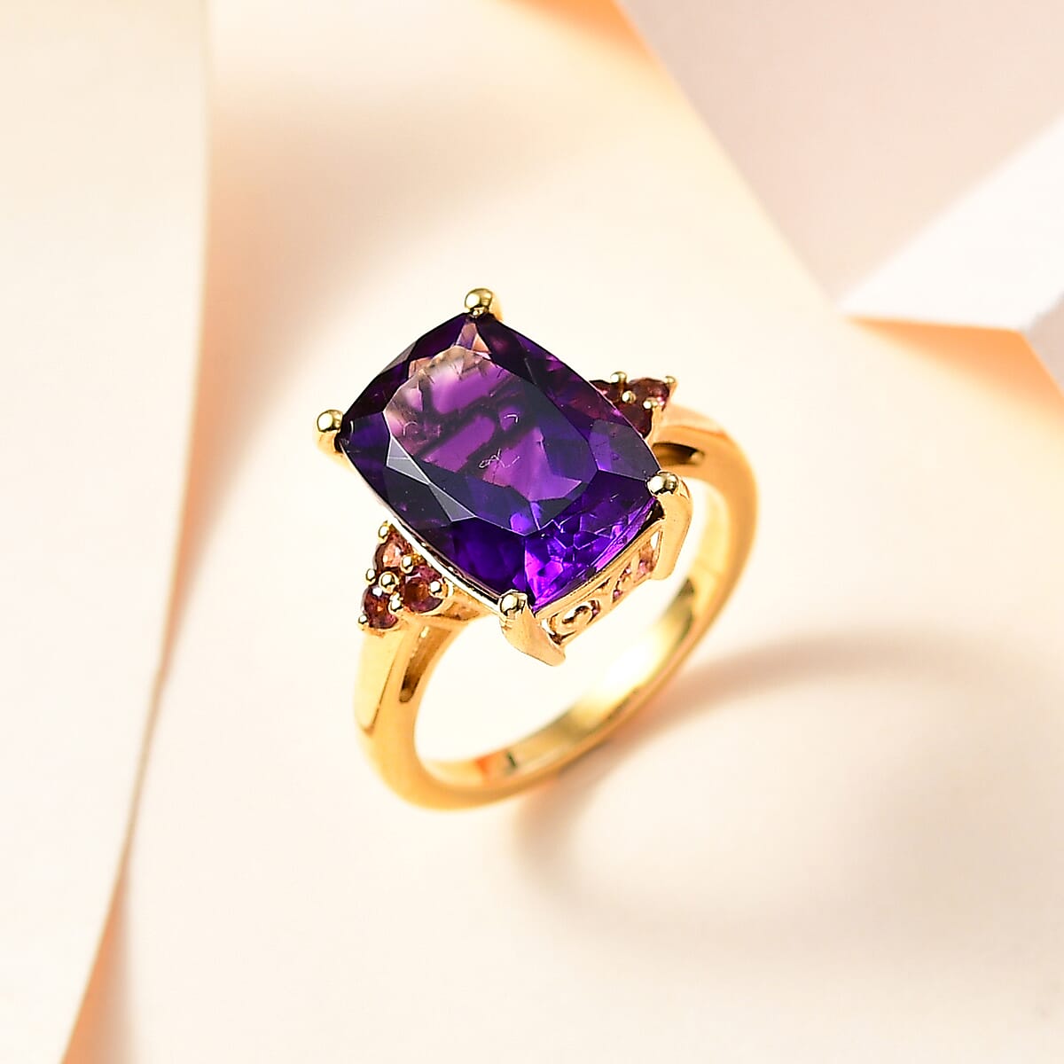 AAA Moroccan Amethyst and Ofiki Rubellite Ring in 18K Vermeil Yellow Gold Over Sterling Silver (Size 5.0) 6.75 ctw image number 1