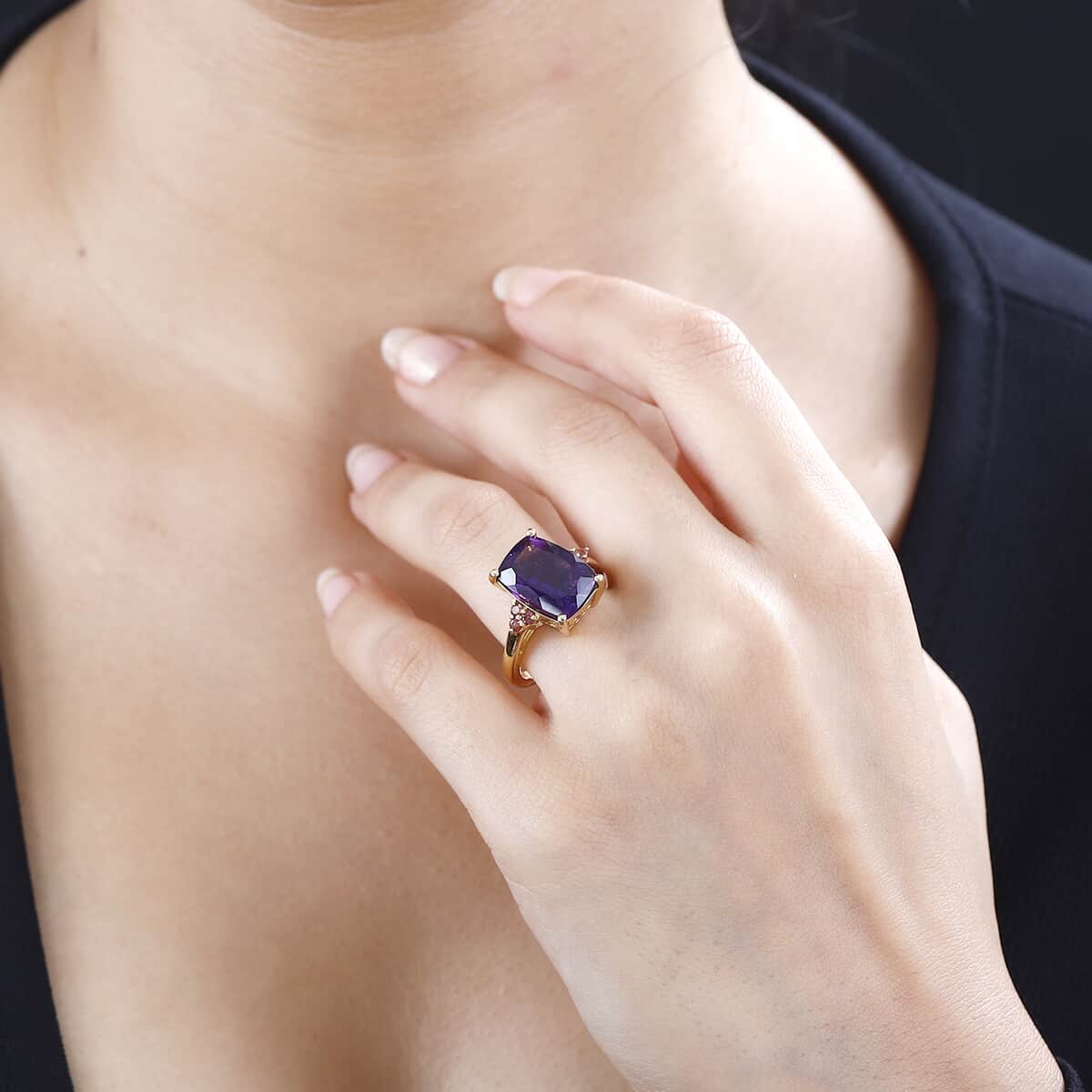 AAA Moroccan Amethyst and Ofiki Rubellite Ring in 18K Vermeil Yellow Gold Over Sterling Silver (Size 7.0) 6.75 ctw image number 2
