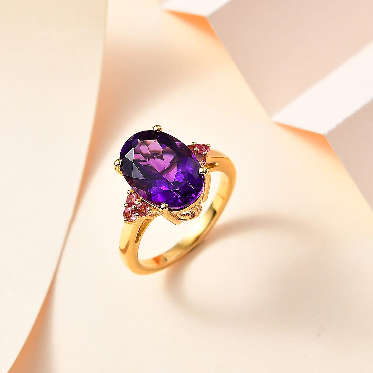AAA Moroccan Amethyst and Ofiki Rubellite Ring in 18K Vermeil Yellow Gold Over Sterling Silver (Size 8.0) 6.25 ctw image number 1