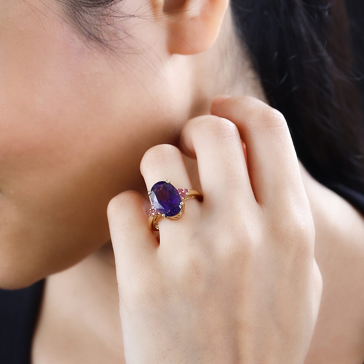 AAA Moroccan Amethyst and Ofiki Rubellite Ring in 18K Vermeil Yellow Gold Over Sterling Silver (Size 8.0) 6.25 ctw image number 2