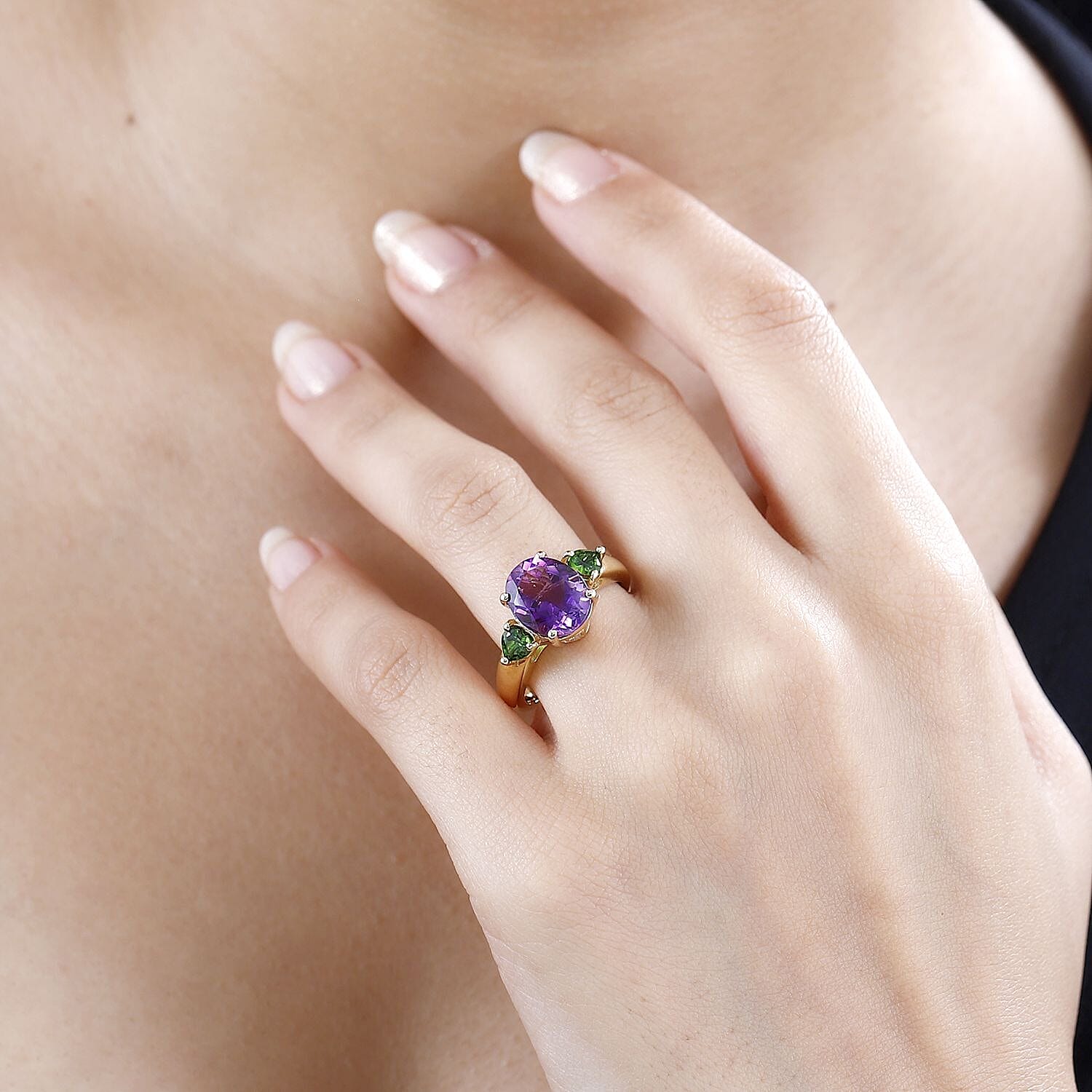 Premium Moroccan Amethyst and Chrome Diopside Ring in 18K Vermeil Yellow Gold Over Sterling Silver (Size 10.0) 3.85 ctw