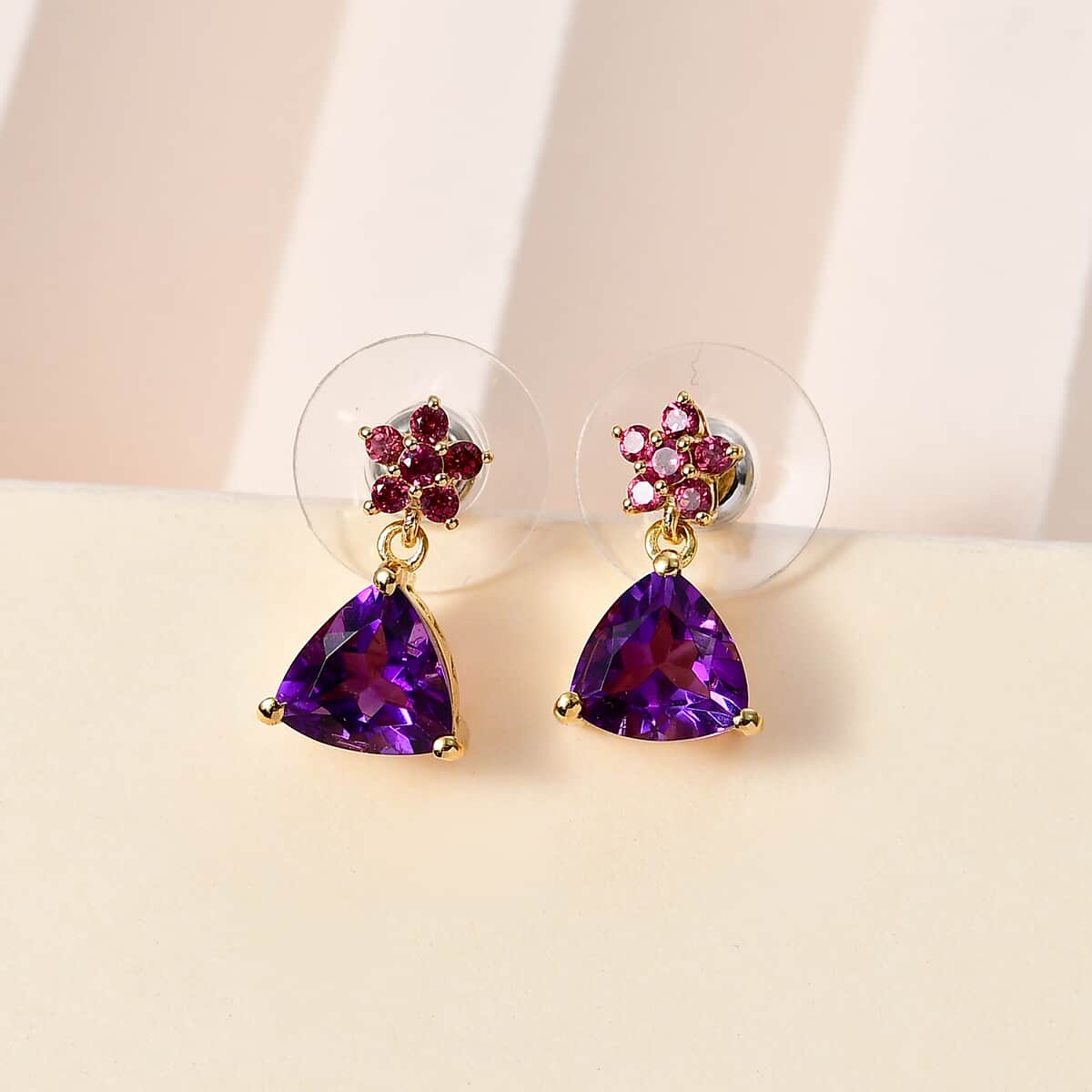 Premium Moroccan Amethyst and Orissa Rhodolite Garnet Earrings in 18K Vermeil Yellow Gold Over Sterling Silver 3.80 ctw image number 1
