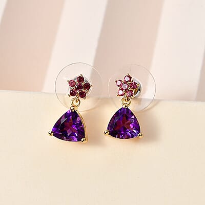 Premium Moroccan Amethyst and Orissa Rhodolite Garnet Earrings in 18K Vermeil Yellow Gold Over Sterling Silver 3.80 ctw