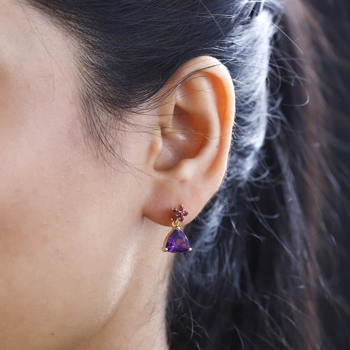 Premium Moroccan Amethyst and Orissa Rhodolite Garnet Earrings in 18K Vermeil Yellow Gold Over Sterling Silver 3.80 ctw image number 2