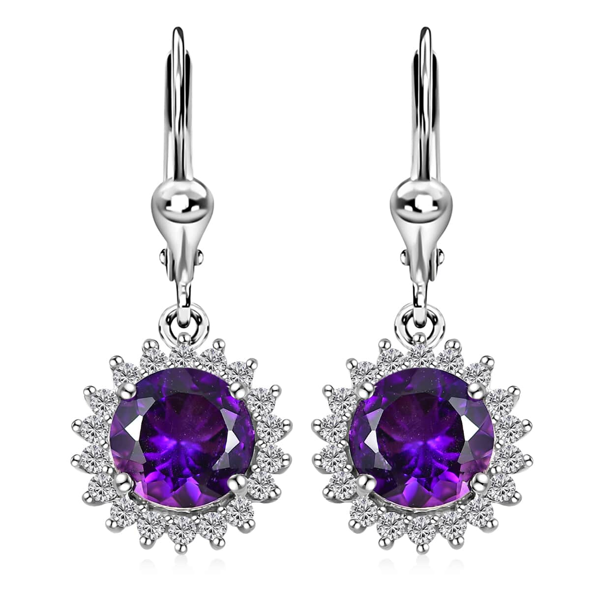 Premium Moroccan Amethyst, White Zircon Lever Back Earrings in Rhodium Over Sterling Silver 4.35 ctw image number 0