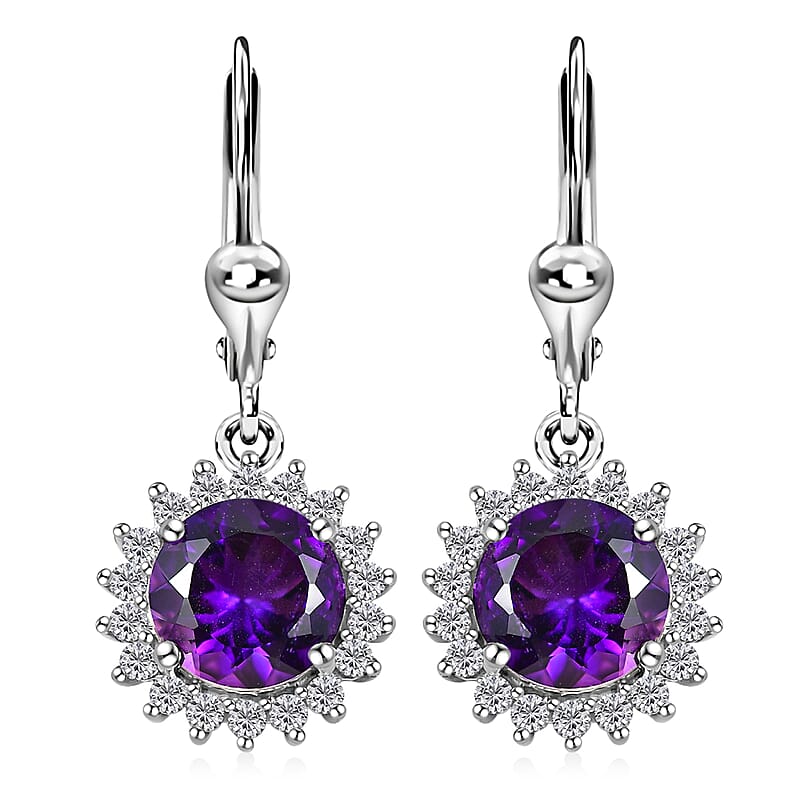 Premium Moroccan Amethyst and White Zircon Lever Back Earrings in Rhodium Over Sterling Silver 4.35 ctw