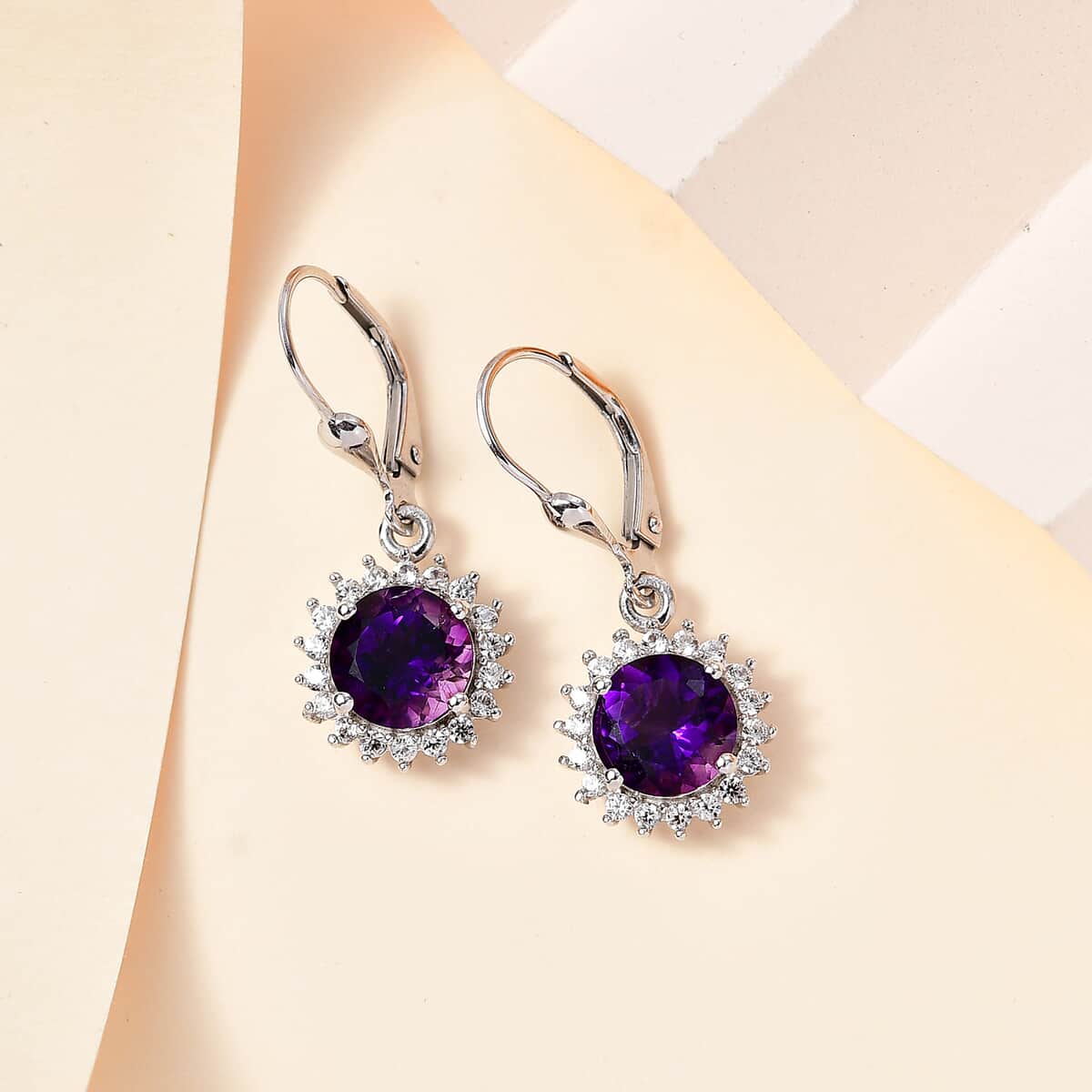 Premium Moroccan Amethyst, White Zircon Lever Back Earrings in Rhodium Over Sterling Silver 4.35 ctw image number 1