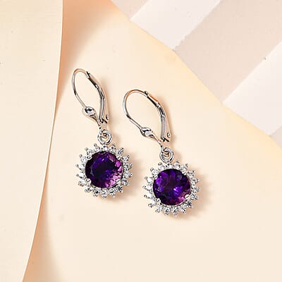 Premium Moroccan Amethyst and White Zircon Lever Back Earrings in Rhodium Over Sterling Silver 4.35 ctw