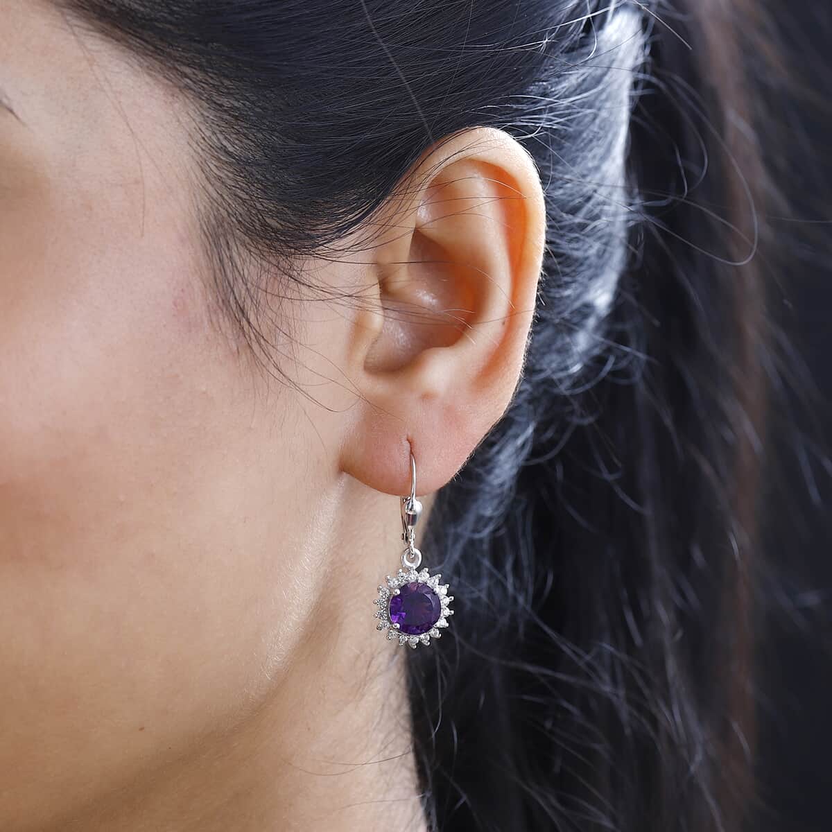 Premium Moroccan Amethyst, White Zircon Lever Back Earrings in Rhodium Over Sterling Silver 4.35 ctw image number 2