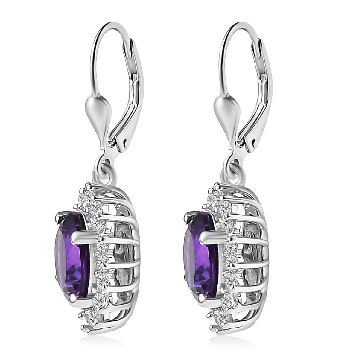 Premium Moroccan Amethyst, White Zircon Lever Back Earrings in Rhodium Over Sterling Silver 4.35 ctw image number 3