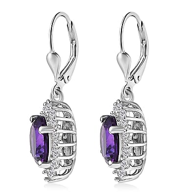 Premium Moroccan Amethyst and White Zircon Lever Back Earrings in Rhodium Over Sterling Silver 4.35 ctw