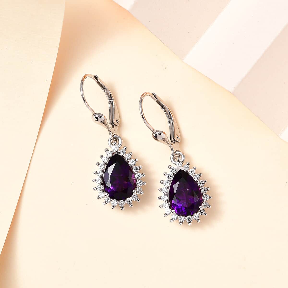 Premium Moroccan Amethyst and White Zircon Lever Back Earrings in Rhodium Over Sterling Silver 4.00 ctw image number 1