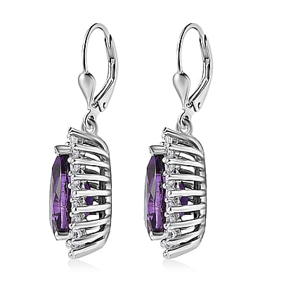 Premium Moroccan Amethyst and White Zircon Lever Back Earrings in Rhodium Over Sterling Silver 4.00 ctw