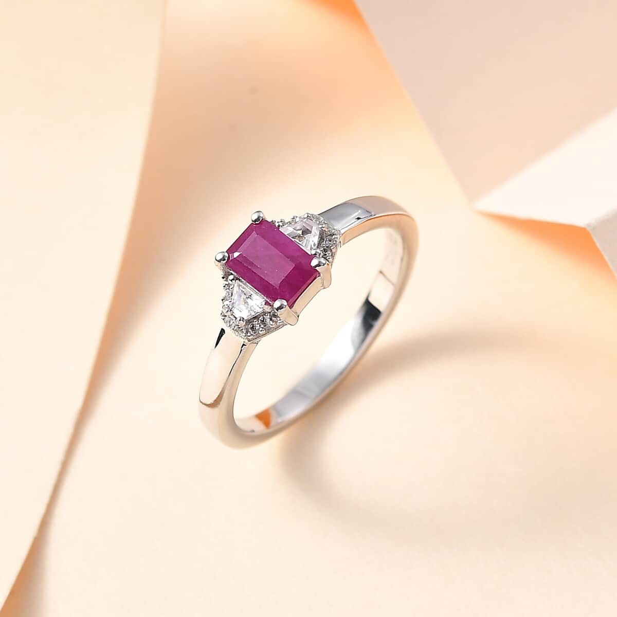 Premium Taveta Ruby, White Zircon Ring in Platinum Over Sterling Silver (Size 10.0) 1.00 ctw image number 1