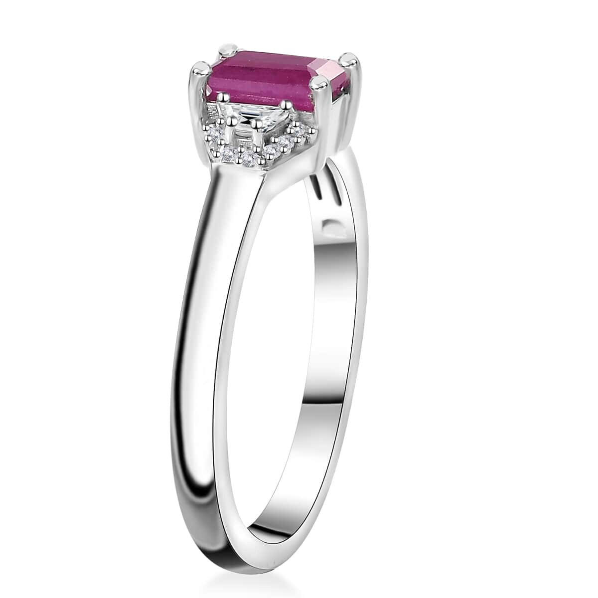 Premium Taveta Ruby, White Zircon Ring in Platinum Over Sterling Silver (Size 10.0) 1.00 ctw image number 3