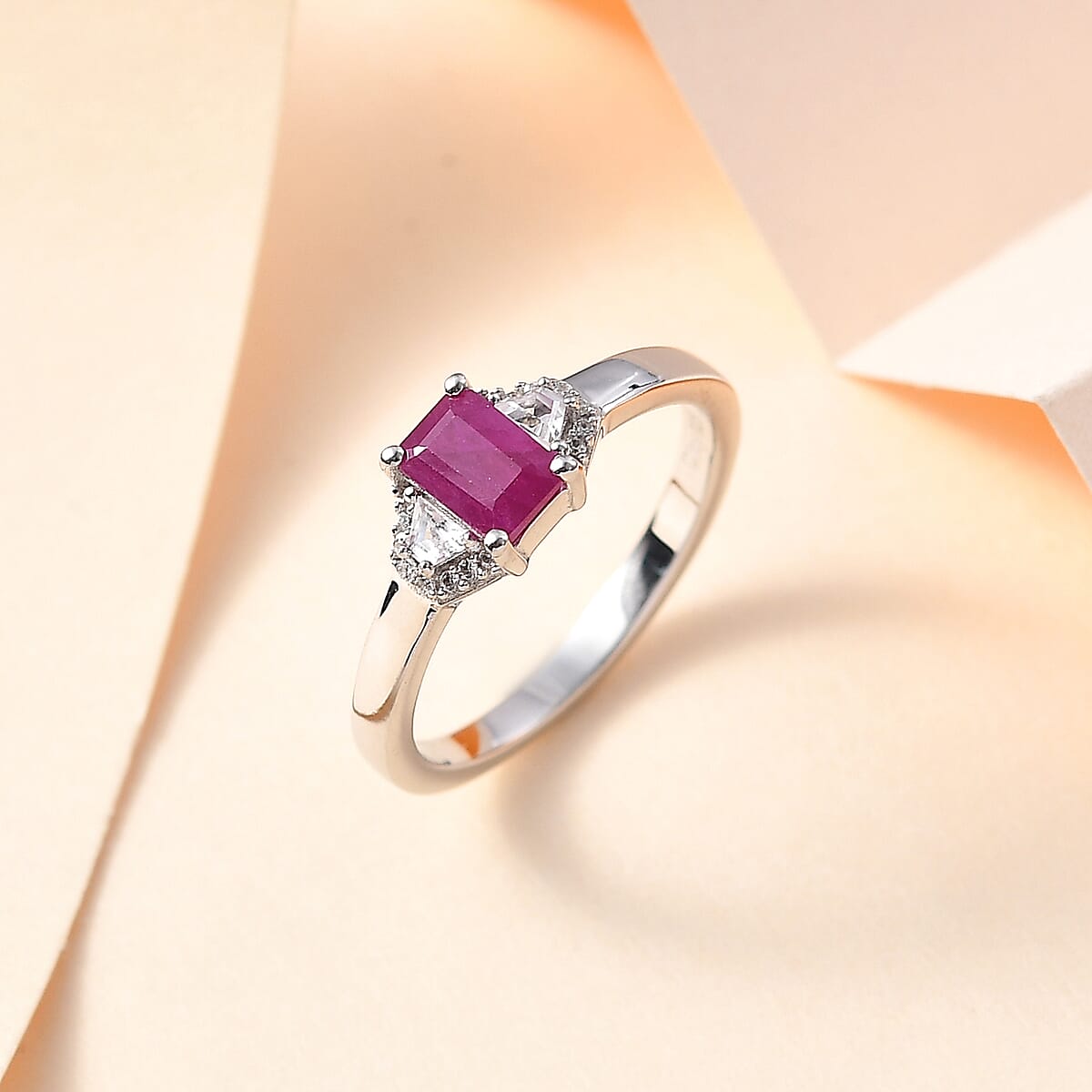 Premium Royal Ruby and White Zircon Ring in Platinum Over Sterling Silver (Size 6.0) 1.00 ctw image number 1