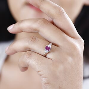 Premium Royal Ruby and White Zircon Ring in Platinum Over Sterling Silver (Size 6.0) 1.00 ctw