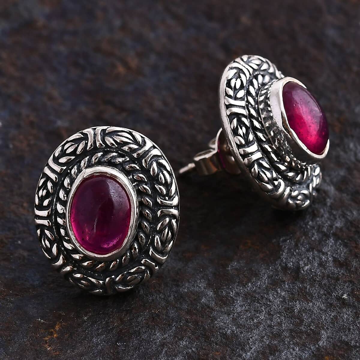 Bali Legacy Niassa Ruby (FF) 3.60 ctw Borobudur Stud Earrings in Sterling Silver  image number 1