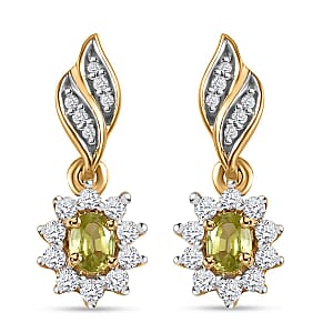 Premium Sphene and White Zircon Halo Dangle Earrings in 18K Vermeil Yellow Gold Over Sterling Silver 0.85 ctw