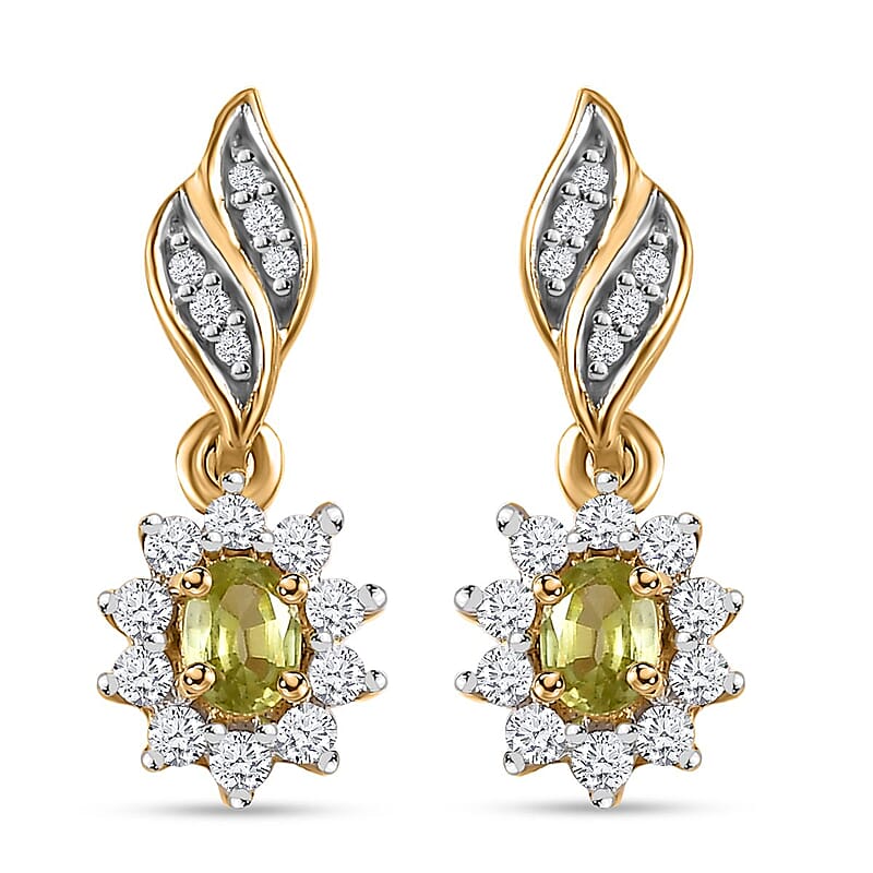 Premium Sphene and White Zircon Halo Dangle Earrings in 18K Vermeil Yellow Gold Over Sterling Silver 0.85 ctw