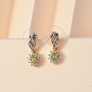 Premium Sphene and White Zircon Halo Dangle Earrings in 18K Vermeil Yellow Gold Over Sterling Silver 0.85 ctw