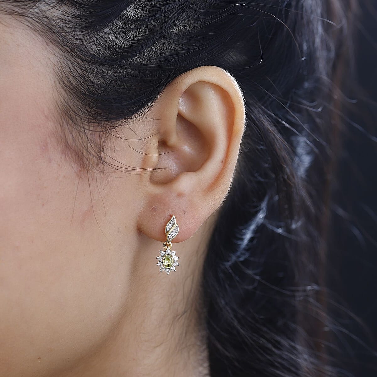 Premium Sphene and White Zircon Halo Dangle Earrings in 18K Vermeil Yellow Gold Over Sterling Silver 0.85 ctw image number 2