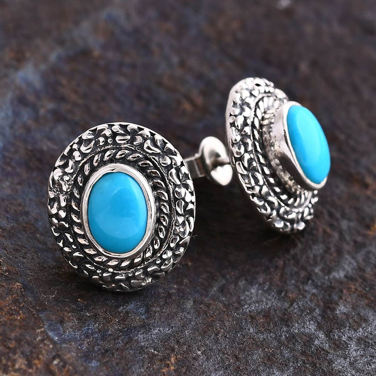 Bali Legacy Sleeping Beauty Turquoise 2.10 ctw Frangipani Flower Stud Earrings in Sterling Silver  image number 1