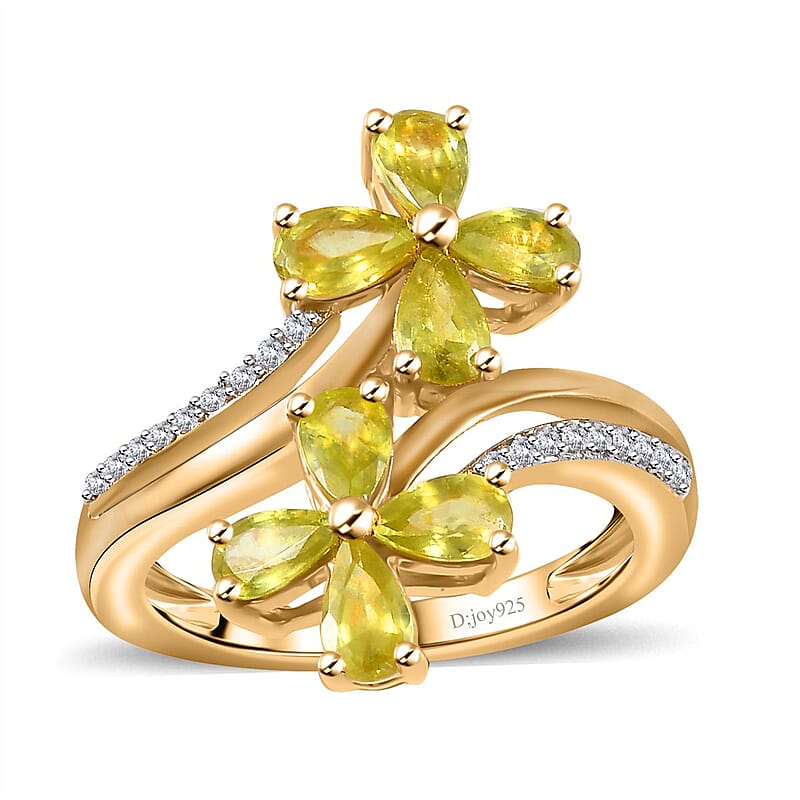 Premium Sphene and Moissanite Bypass Floral Ring in 18K Vermeil Yellow Gold Over Sterling Silver (Size 10.0) 1.90 ctw