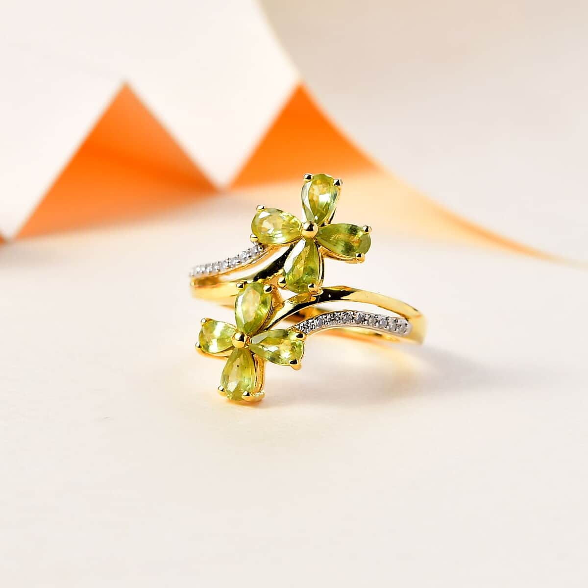 Premium Sava Sphene, Moissanite Bypass Floral Ring in 18K Vermeil YG Over Sterling Silver (Size 10.0) 1.90 ctw image number 1