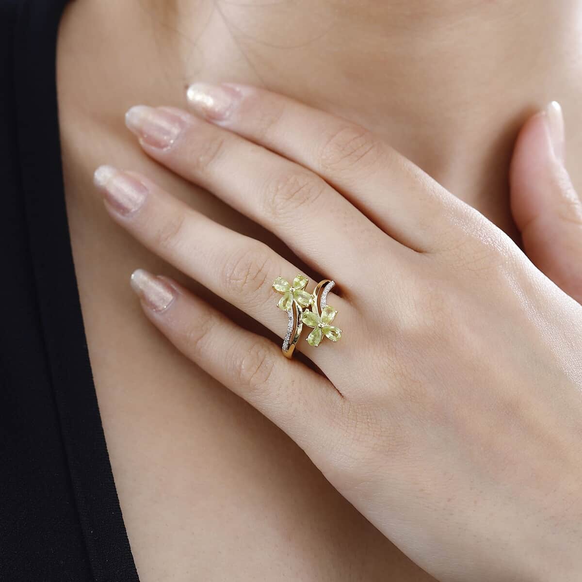 Premium Sava Sphene, Moissanite Bypass Floral Ring in 18K Vermeil YG Over Sterling Silver (Size 10.0) 1.90 ctw image number 2