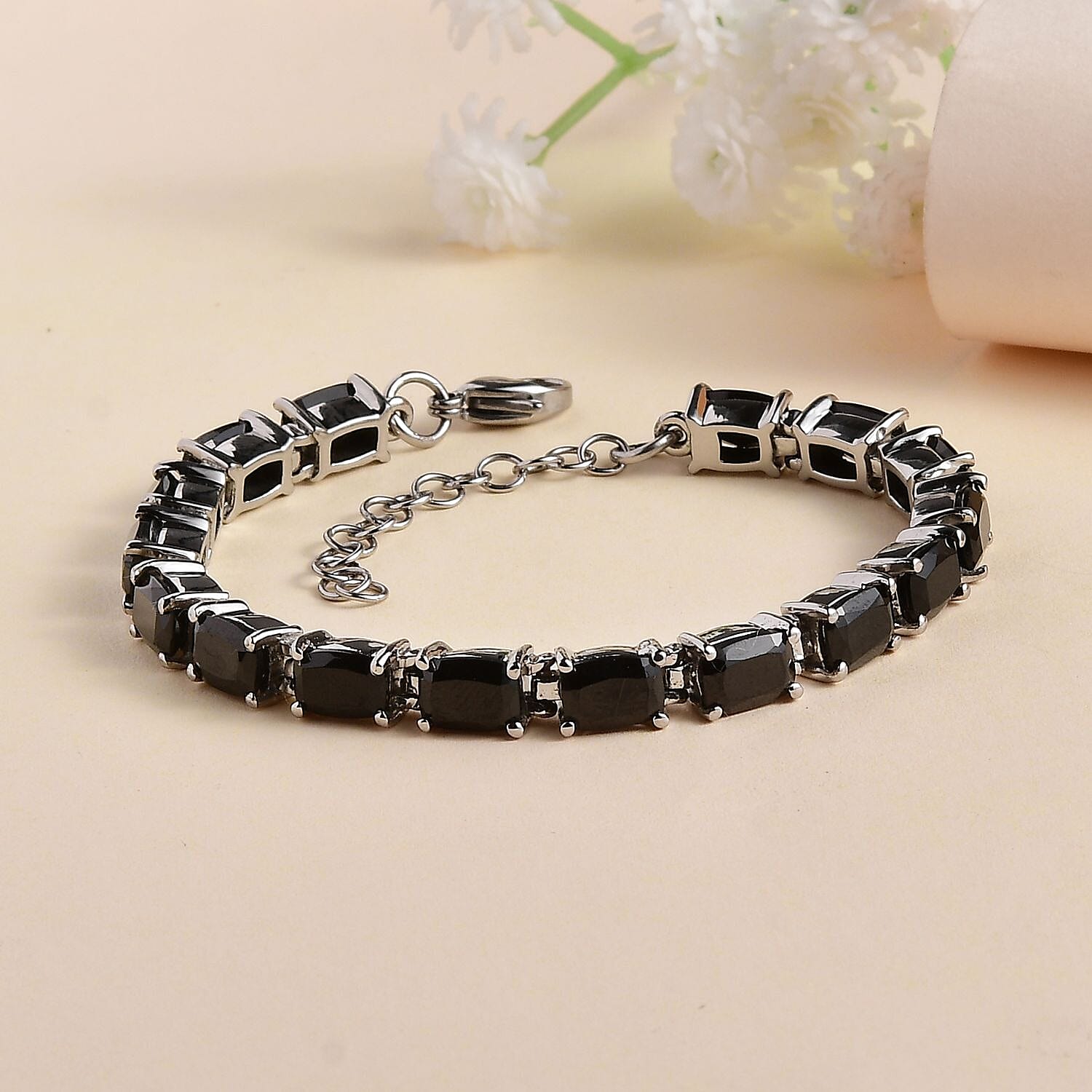 Thai Black Spinel Bracelet in Stainless Steel (6.50-8.0In) 20.65 ctw