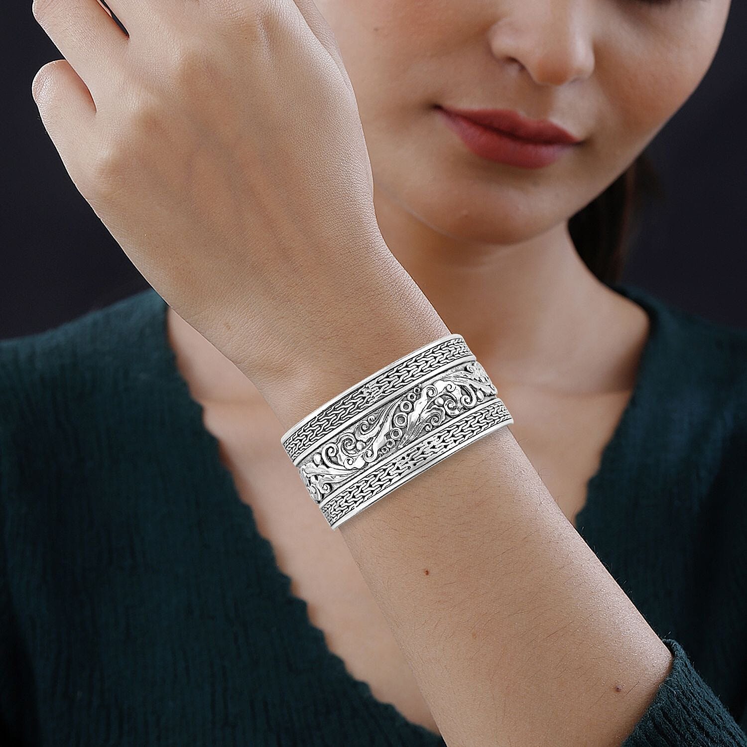 Bali Legacy Sterling Silver Floral Cuff Bracelet (6.50 In) 38.35 Grams