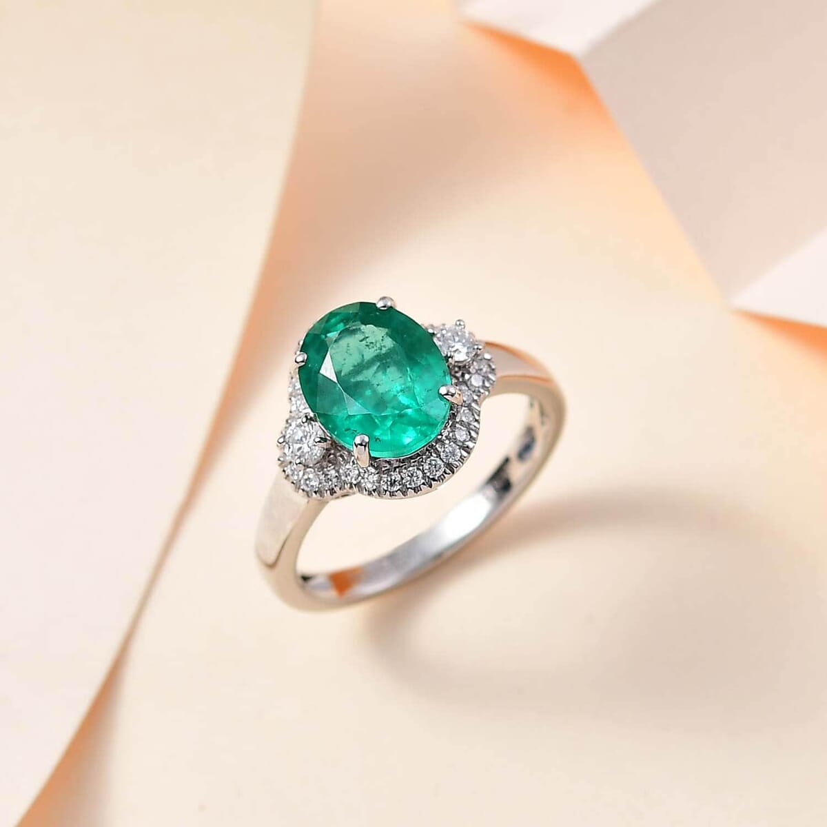 Rhapsody AAAA Kagem Zambian Emerald and E-F VS2 Diamond 3.10 ctw Ring in 950 Platinum (Size 8.5) 5.85 Grams image number 1