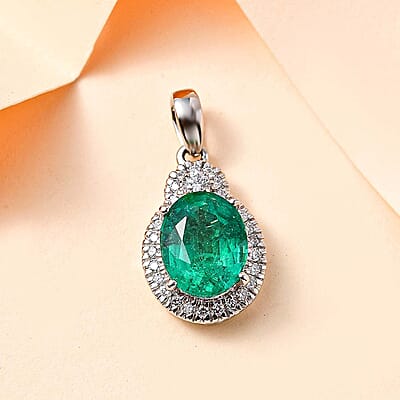 Rhapsody 950 Platinum AAAA Kagem Zambian Emerald and E-F VS2 Diamond Pendant without Chain 3.10 ctw