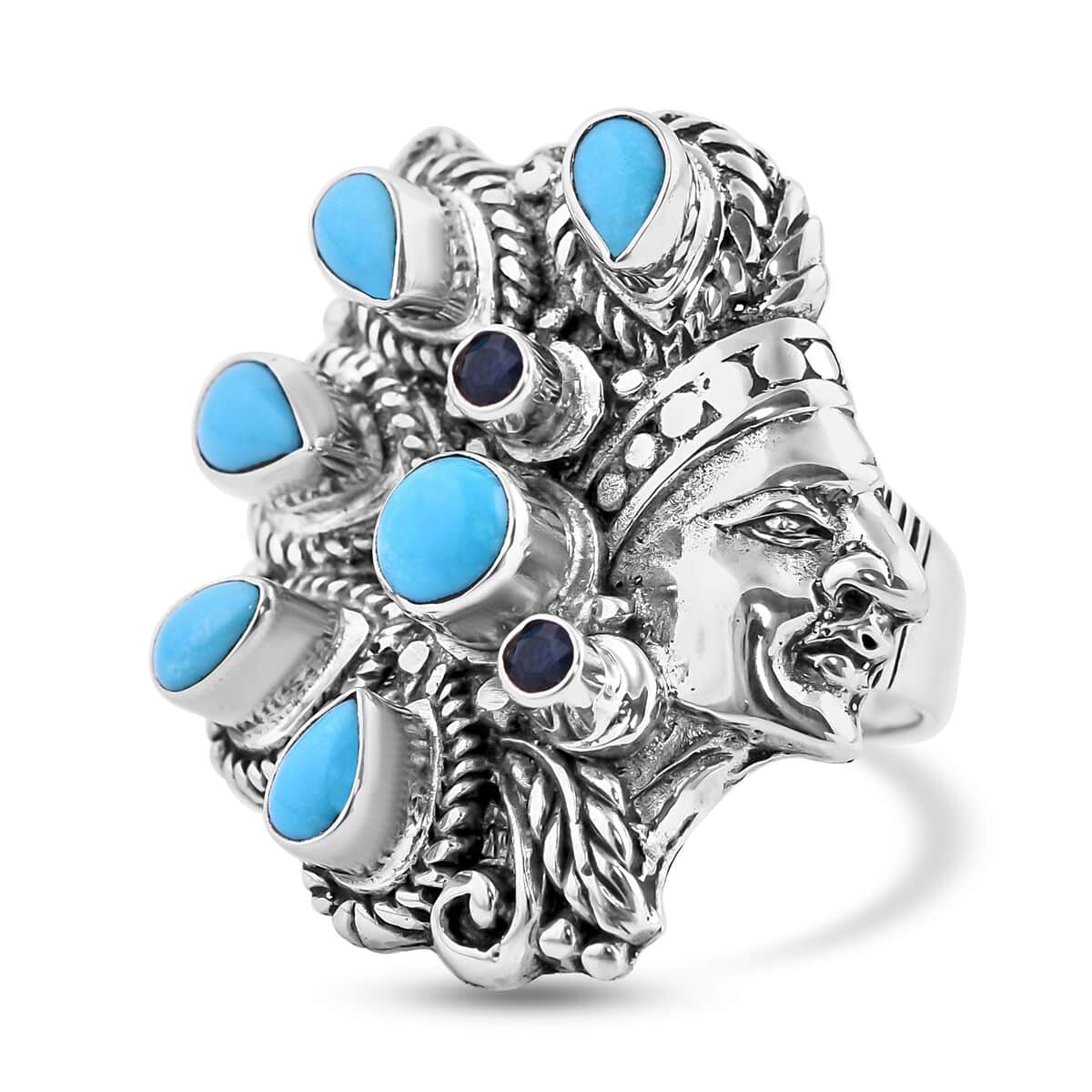 Bali Legacy Sleeping Beauty Turquoise and Blue Sapphire Native American Chief Ring in Sterling Silver (Size 10.0) 3.30 ctw image number 0