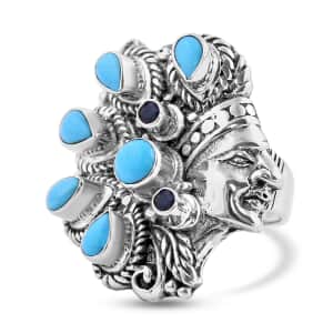 Bali Legacy Sleeping Beauty Turquoise and Blue Sapphire Native American Chief Ring in Sterling Silver (Size 10.0) 3.30 ctw