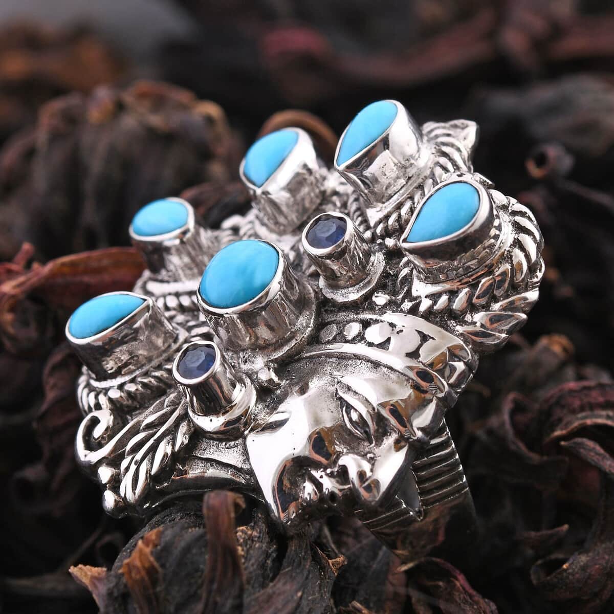 Bali Legacy Sleeping Beauty Turquoise and Blue Sapphire Native American Chief Ring in Sterling Silver (Size 10.0) 3.30 ctw image number 1