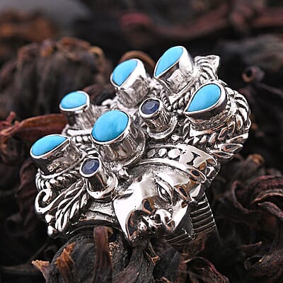 Bali Legacy Sleeping Beauty Turquoise and Blue Sapphire Native American Chief Ring in Sterling Silver (Size 10.0) 3.30 ctw