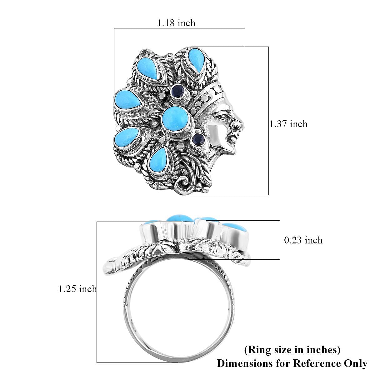 Bali Legacy Sleeping Beauty Turquoise and Blue Sapphire Native American Chief Ring in Sterling Silver (Size 10.0) 3.30 ctw